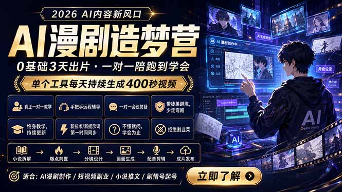 AI漫剧造梦营:0基础3天出片,单个工具每天持续生成400秒视频-鼎铸网