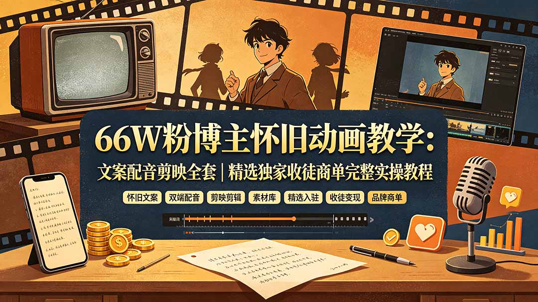 66W粉博主怀旧动画教学:文案配音剪映全套|精选独家收徒商单完整实操教程-鼎铸网