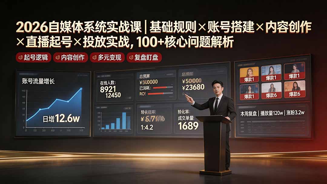 2026自媒体系统实战课|基础规则×账号搭建×内容创作×直播起号×投放实战,100+核心问题解析-鼎铸网