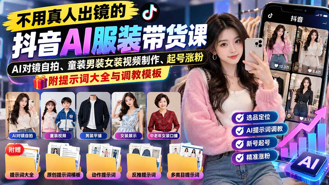 不用真人出镜的抖音AI服装带货课:AI对镜自拍、童装男装女装视频制作、起号涨粉,附提示词大全与调教模板-鼎铸网