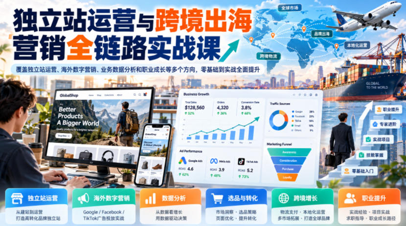 独立站运营与跨境出海营销全链路实战课，覆盖独立站运营、海外数字营销、业务数据分析和职业成长等多个方向，零基础到实战全面提升-鼎铸网