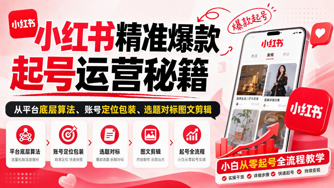 小红书精准爆款起号运营秘籍，从平台底层算法、账号定位包装、选题对标图文剪辑，小白从零起号全流程-鼎铸网
