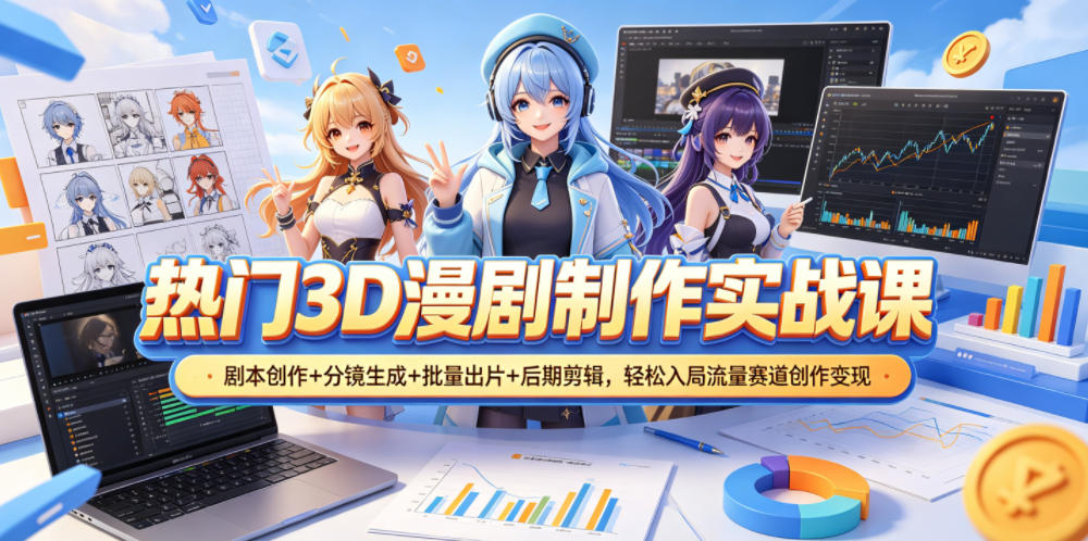 热门3D漫剧制作实战课,剧本创作+分镜生成+批量出片+后期剪辑,轻松入局流量赛道创作变现-鼎铸网
