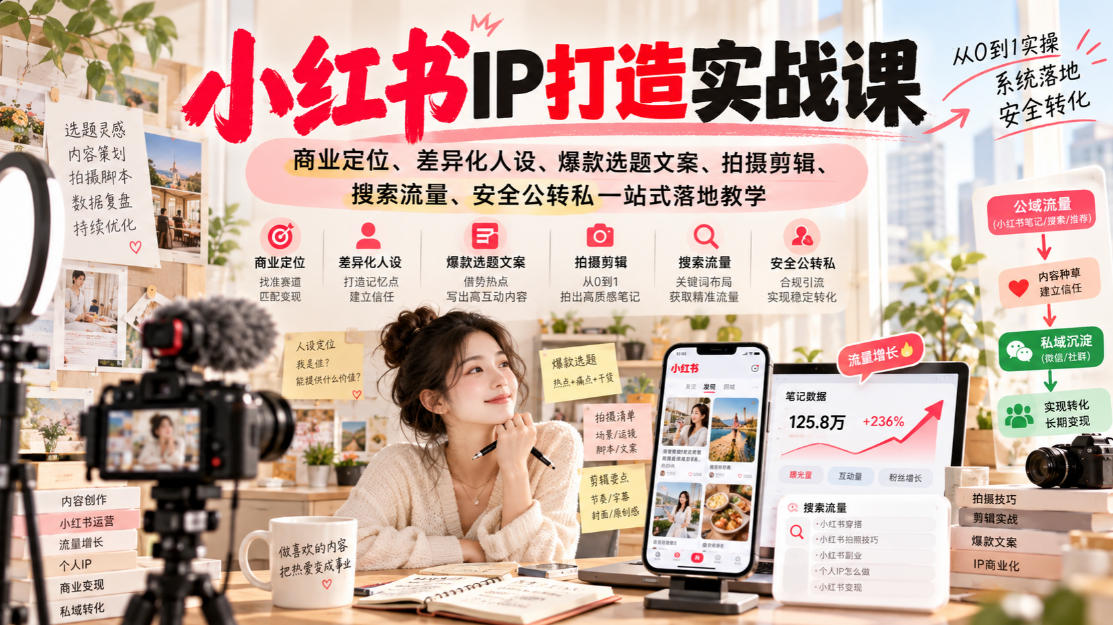 小红书ip打造实战课，商业定位、差异化人设、爆款选题文案、拍摄剪辑、搜索流量、安全公转私一站式落地教学-鼎铸网