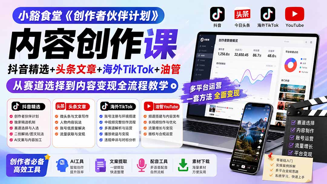 小豁食堂《创作者伙伴计划》内容创作课：抖音精选+头条文章+海外TikTok+油管，从赛道选择到内容变现全流程教学-鼎铸网
