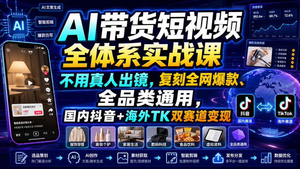8c9532a9d38bb13db5d08a4bc318bc2a.jpeg AI带货短视频全体系实战课,不用真人出镜,复刻全网爆款、全品类通用,国内抖音+海外TK双赛道变现