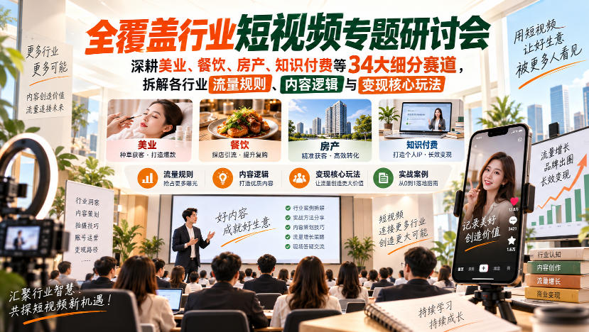 短视频专题研讨会，深耕美业、餐饮、房产、知识付费等34大细分赛道，拆解各行业流量规则、内容逻辑与变现核心玩法-鼎铸网
