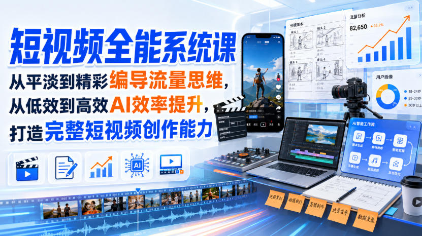 8d1c6eda01f818c65cdaf7a32db36b56.jpeg 短视频全能系统课,从平淡到精彩编导流量思维,从低效到高效AI效率提升,打造完整短视频创作能力(2026年8月30更新233集)