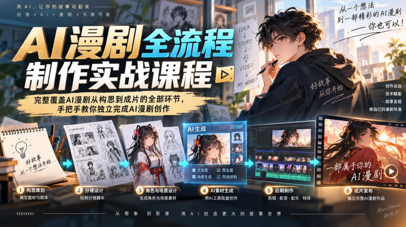 8d40b912dcf4f42bd71b698fdf1554cb.jpeg AI漫剧全流程制作实战课程,完整覆盖AI漫剧从构思到成片的全部环节,手把手教你独立完成AI漫剧创作