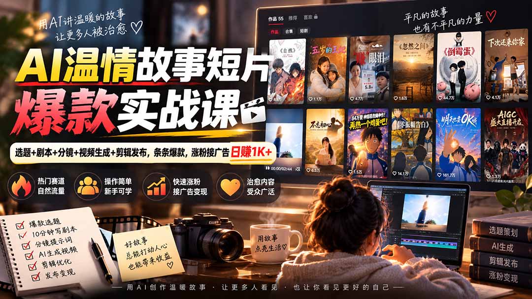 8d62a7b6bf9a71e2f9395cb190a8032c.jpeg AI温情故事短片爆款实战课-更新|选题+剧本+分镜+视频生成+剪辑发布,条条爆款,涨粉接广告日赚1K+