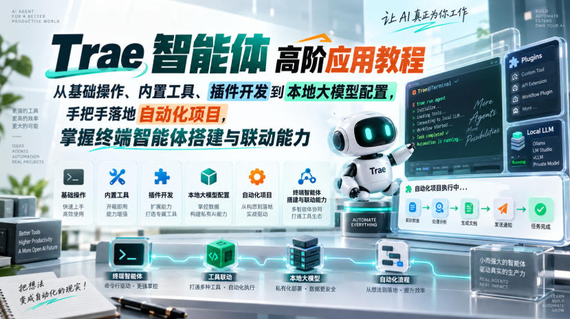 8d9afb066c3c082d67d73179ed54fb73.jpeg Trae智能体高阶应用教程,从基础操作、内置工具、插件开发到本地大模型配置,手把手落地自动化项目