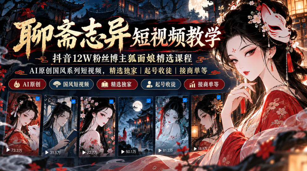 8e0a10292dd2b8cd144d0b1e0708f614.jpeg 聊斋志异短视频教学,抖音12W粉丝博主狐面娘精选课程,AI原创国风系列短视频,精选独家丨起号收徒丨接商单等