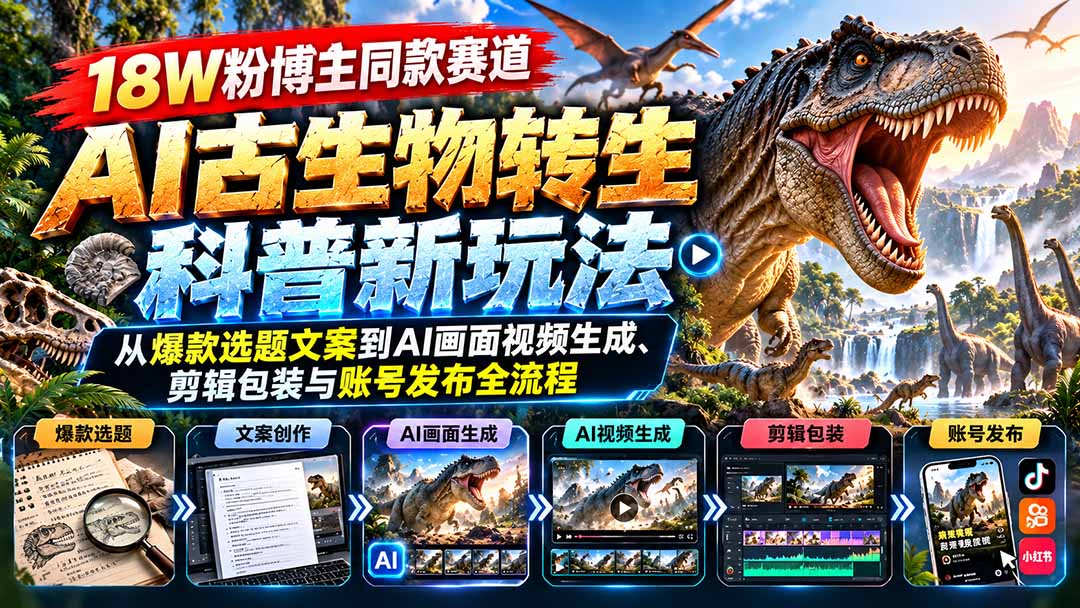 18W粉博主同款赛道-AI古生物转生科普新玩法:从爆款选题文案到AI画面视频生成、剪辑包装与账号发布全流程-鼎铸网