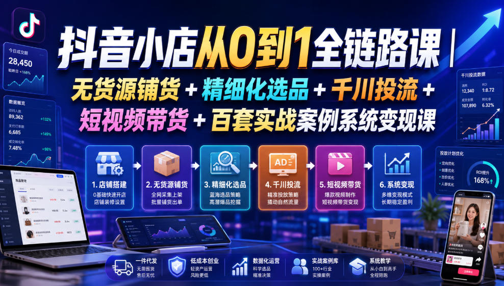 抖音小店从0到1全链路课｜无货源铺货+精细化选品+千川投流+短视频带货+百套实战案例系统变现课(2026年7月更新)-鼎铸网