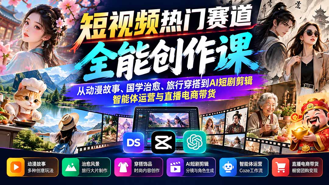 短视频热门赛道全能创作课:从动漫故事、国学治愈、旅行穿搭到AI短剧剪辑、智能体运营与直播电商带货-鼎铸网