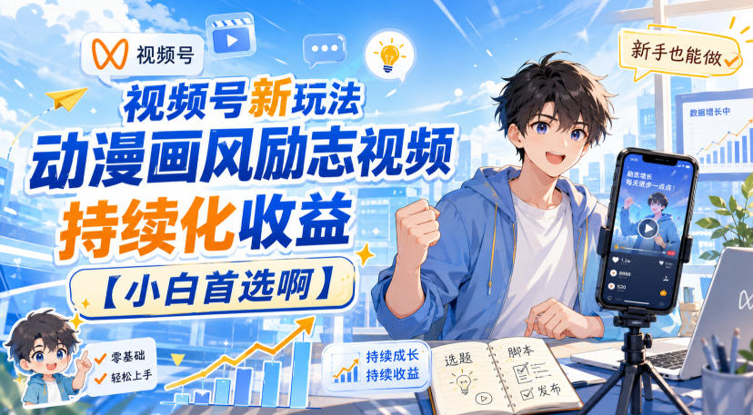 视频号新玩法动漫画风励志视频，持续化收益【小白首选啊】-鼎铸网