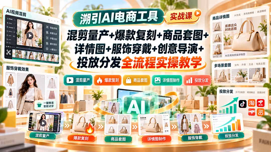 溯引AI电商工具实战课：混剪量产+爆款复刻+商品套图+详情图+服饰穿戴+创意导演+投放分发全流程实操教学-鼎铸网