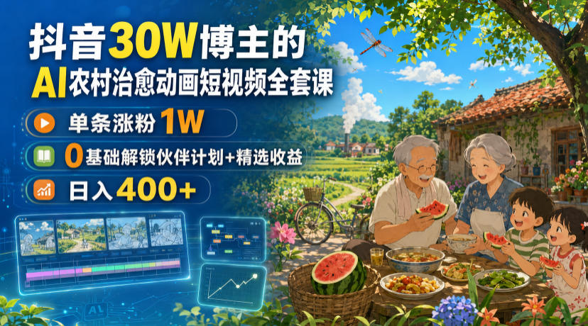 抖音30W博主的AI农村治愈动画短视频全套课|单条涨粉1W,0基础解锁伙伴计划+精选收益,日入400+-鼎铸网