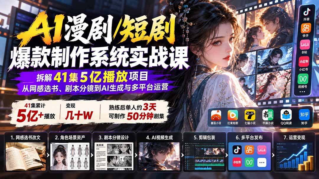 90231fa1ddfff0d0909d96adf0f8537c.jpeg AI漫剧/短剧爆款制作系统实战课:拆解41集5亿播放项目,从网感选书、剧本分镜到AI生成与多平台运营