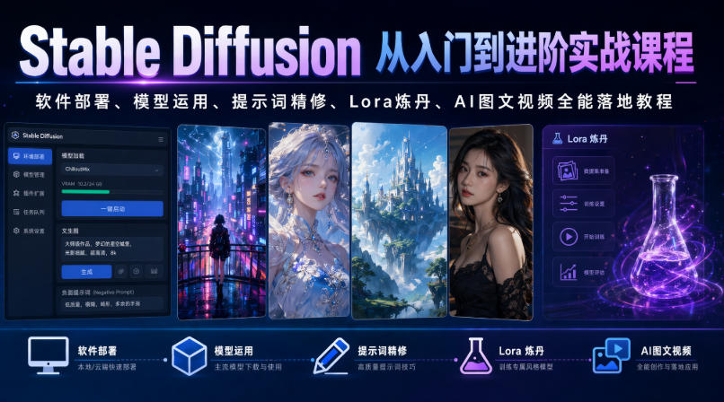 906e1a3ef3c0a7043725296abbd4284b.jpeg Stable Diffusion从入门到进阶实战课程|软件部署、模型运用、提示词精修、Lora炼丹、AI图文视频全能落地教程