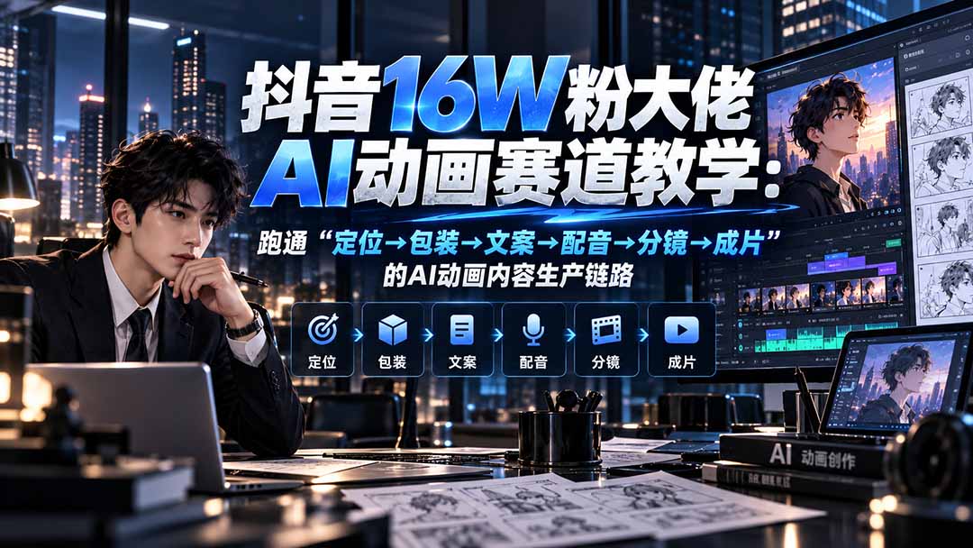 抖音16W粉大佬规则门禁AI动画赛道教学:跑通“定位→包装→文案→配音→分镜→成片”的AI动画内容生产链路-鼎铸网