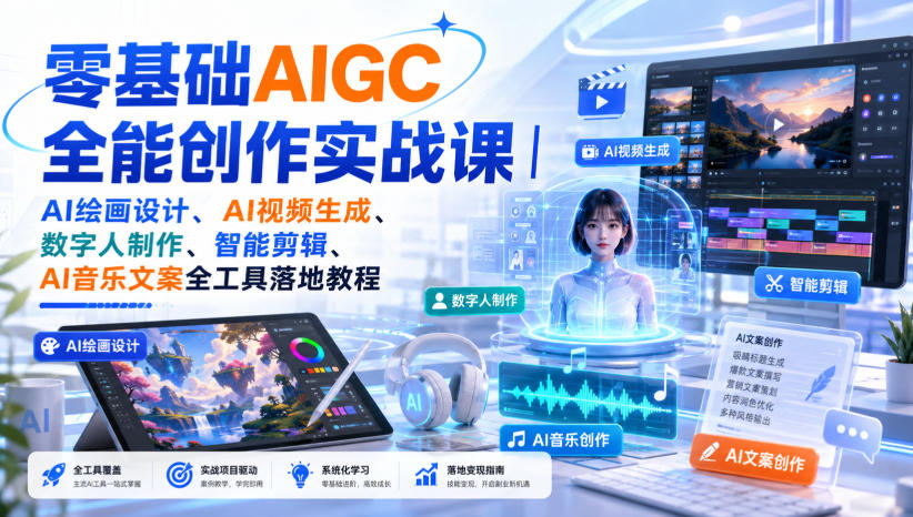 零基础AIGC全能创作实战课｜AI绘画设计、AI视频生成、数字人制作、智能剪辑、AI音乐文案全工具落地教程-鼎铸网