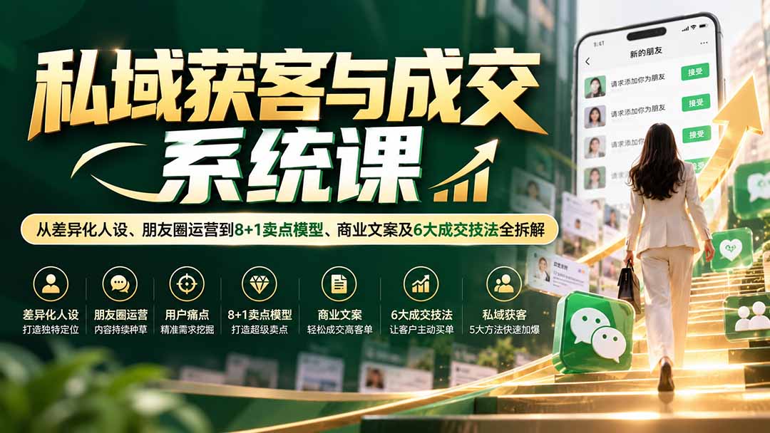 私域获客与成交系统课:从差异化人设、朋友圈运营到8+1卖点模型、商业文案及6大成交技法全拆解-鼎铸网