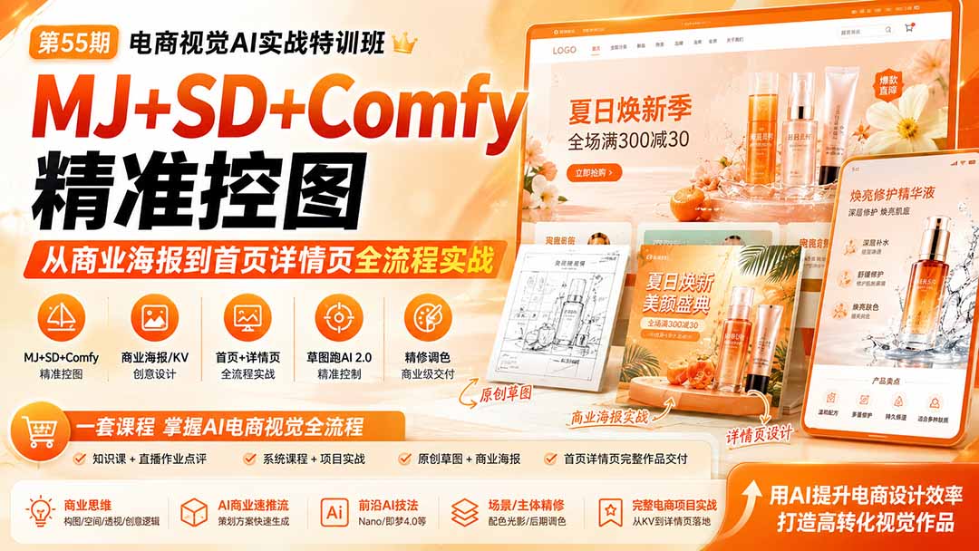 电商视觉 AI实战训练营第55期：MJ+SD+Comfy精准控图，从商业海报到首页详情页全流程实战-鼎铸网