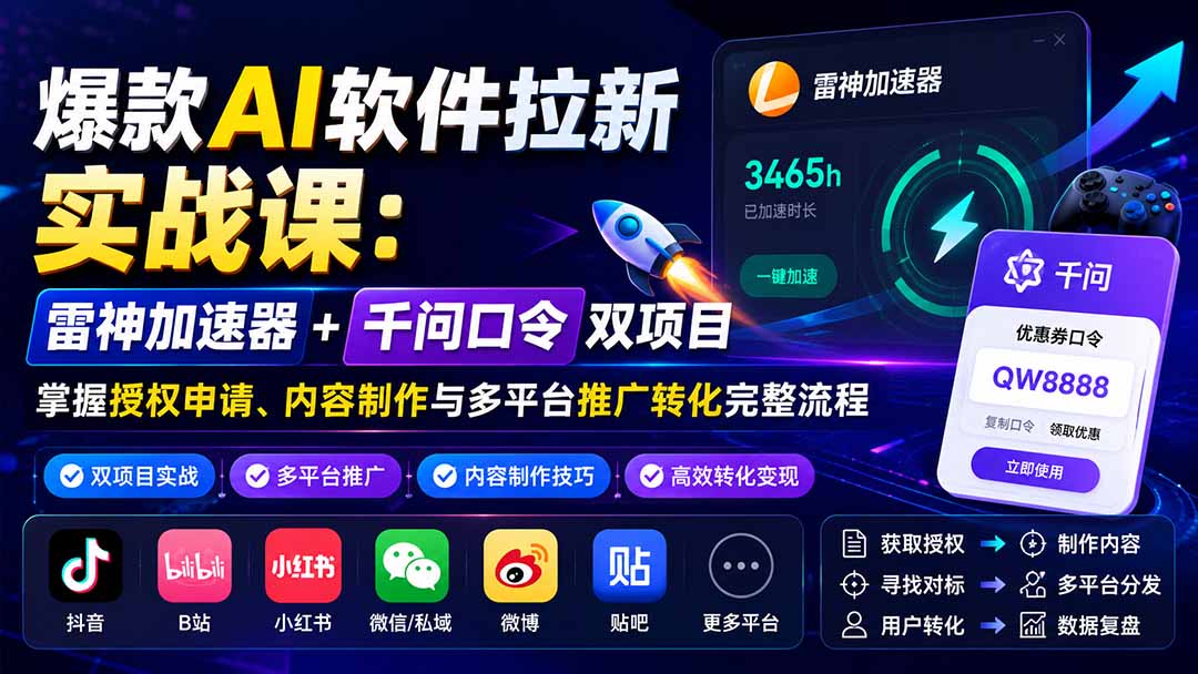 爆款AI软件拉新实战课：雷神加速器+千问口令双项目，掌握授权申请、内容制作与多平台推广转化完整流程-鼎铸网