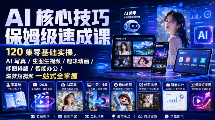 93fde9ec5d08eb7792f593ec803bbf3b.jpeg AI核心技巧保姆级速成课|120集零基础实操,AI写真/生图生视频/趣味动画/修图排版/智能办公/爆款短视频一站式全掌握(更新)