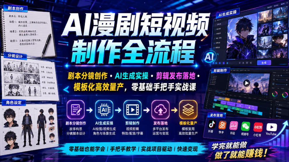 944fa2b2de786afd439e9ec914570e69.jpeg AI漫剧短视频制作全流程|剧本分镜创作・AI生成实操・剪辑发布落地・模板化高效量产,零基础手把手实战课