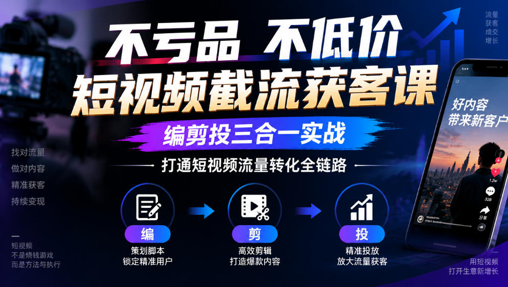 不亏品不低价短视频截流获客课，编剪投三合一实战，打通短视频流量转化全链路-鼎铸网