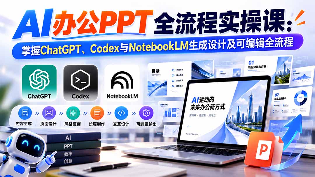 95e0fed3e4d9c8726d8a4b676165919a.jpeg 【无水印】AI办公PPT全流程实操课: 掌握ChatGPT、Codex与NotebookLM生成设计及可编辑全流程