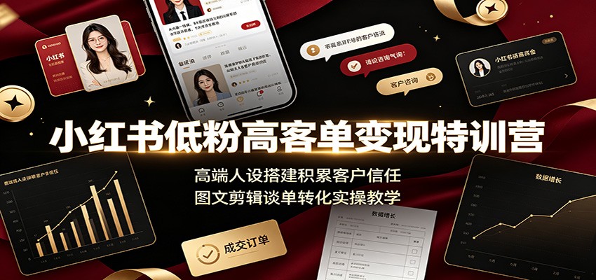 小红书低粉高客单变现特训营：高端人设搭建积累客户信任，图文剪辑谈单转化实操教学-鼎铸网