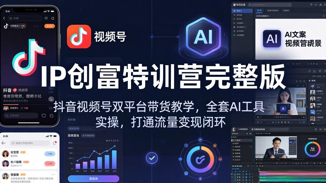 969f5959fbb55e4cb5f055670f9bc1c7.jpeg IP创富特训营完整版:抖音视频号双平台带货教学,全套AI工具实操,打通流量变现闭环