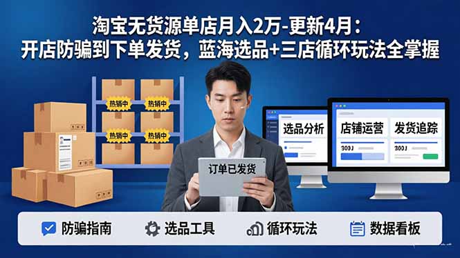 96a1472f5fb54fcb368c9eedc8a1e98e.jpeg 淘宝无货源5.0单店月入2万-更新4月:开店防骗到下单发货,蓝海选品+三店循环玩法全掌握