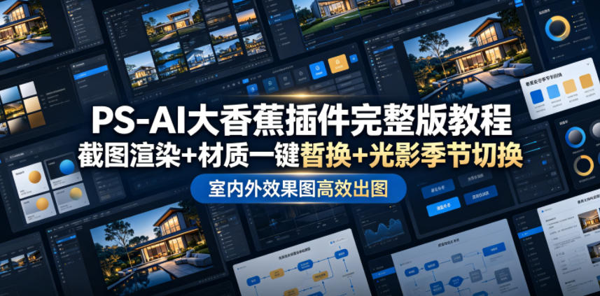 PS-AI大香蕉插件完整版教程，截图渲染+材质一键替换+光影季节切换，室内外效果图高效出图高阶课程-鼎铸网
