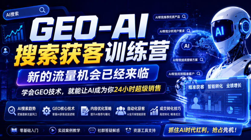 973c0d26f8ad44faee64b10cf7eb437b.jpeg GEO-AI搜索获客训练营,新的流量机会已经来临,学会GEO技术,就能让AI成为你24小时超级销售