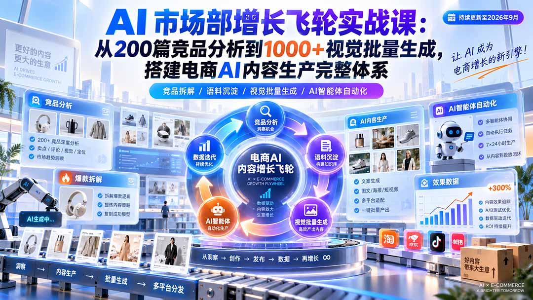 AI 市场部增长飞轮实战课：从200篇竞品分析到1000+视觉批量生成，搭建电商AI内容生产完整体系-鼎铸网