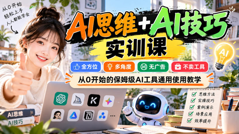 【无水印】AI思维+AI技巧实训课，全方位、多角度、无广告、不卖工具，从0开始的保姆级AI工具通用使用教学-鼎铸网