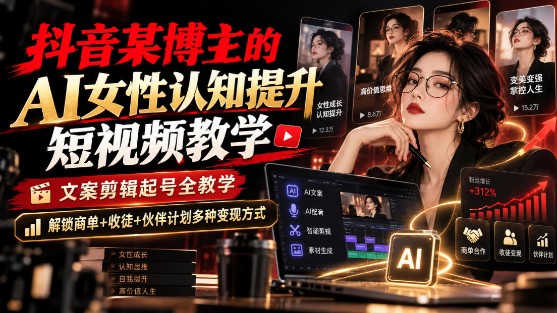 抖音某博主的Ai女性认知提升短视频教学，文案剪辑起号全教学，解锁商单+收徒+伙伴计划多种变现方式-鼎铸网