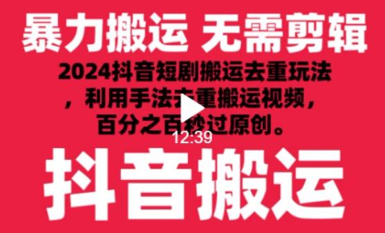 2024最新抖音搬运技术，抖音短剧视频去重，手法搬运，利用工具去重，达到秒过原创的效果【揭秘】-鼎铸网