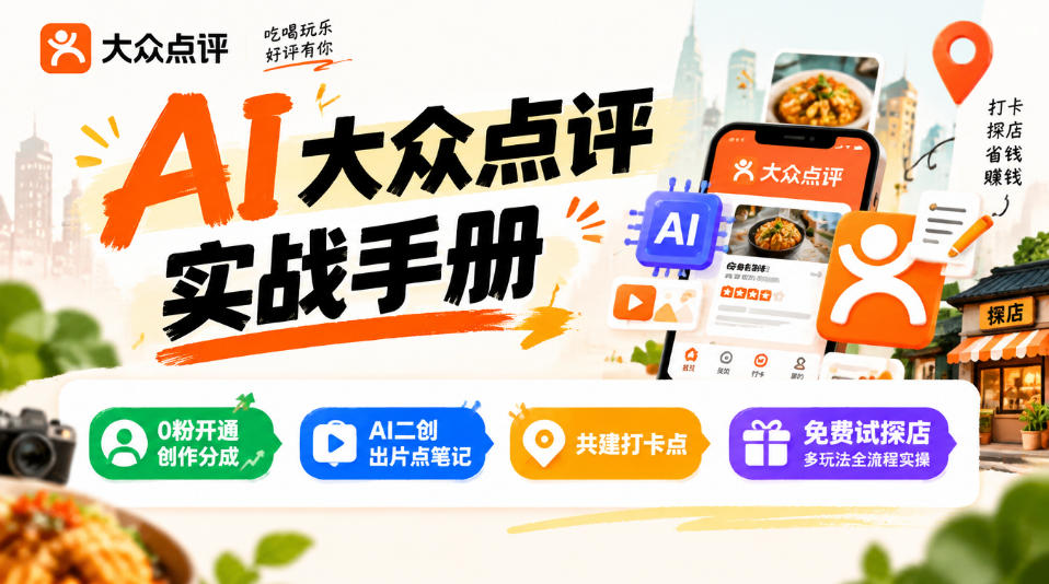 某局的AI大众点评实战手册,0粉开通创作分成、AI二创出片点笔记、共建打卡点、免费试探店多玩法全流程实操-鼎铸网