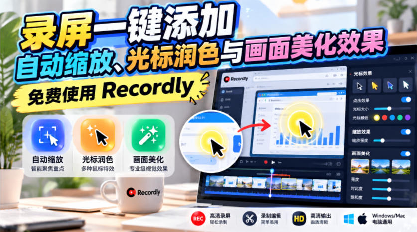 录屏一键添加自动缩放、光标润色与画面美化效果,免费使用Recordly-鼎铸网