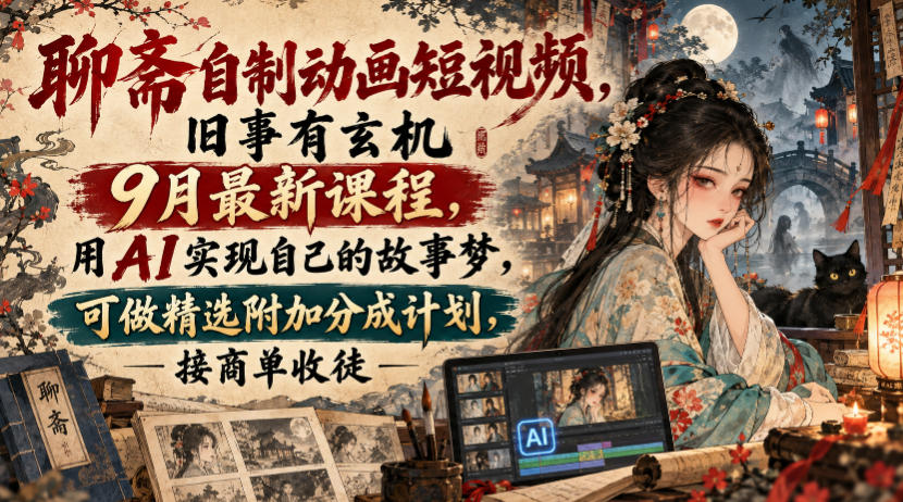 聊斋自制动画短视频，旧事有玄机9月最新课程，用AI实现自己的故事梦，可做精选附加分成计划，接商单收徒-鼎铸网