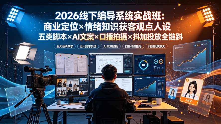 99a4782881251c439008552a2177b30b.jpeg 2026线下编导系统实战班:商业定位×情绪知识获客观点人设五类脚本×AI文案×口播拍摄×抖加投放全链路