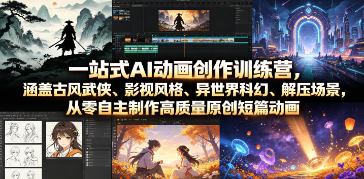 99cbaee91bcfa9330b4ebc2b1fa62ae4.jpeg 一站式AI动画创作训练营,涵盖古风武侠、影视风格、异世界科幻、解压场景,从零自主制作高质量原创短篇动画(更新)