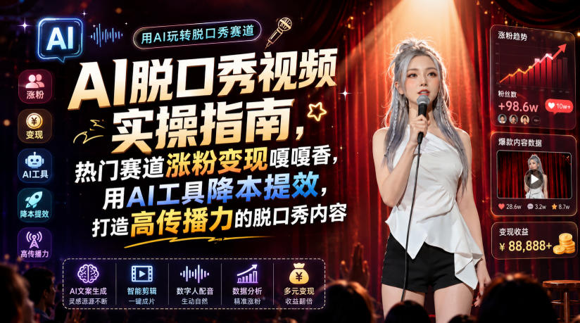 9aa3aae7bfb07bd91d43da4ef7945b5a.jpeg AI脱口秀视频实操指南,热门赛道涨粉变现嘎嘎香,用AI工具降本提效,打造高传播力的脱口秀内容