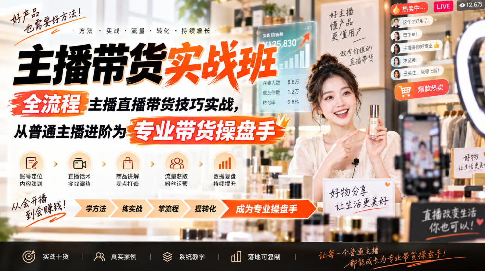 9aa77fc739230c959f03339ad630bc9a.jpeg 主播带货实战班ZB,全流程主播直播带货技巧实战,从普通主播进阶为专业带货操盘手