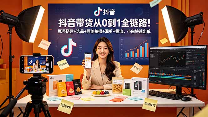 抖音带货从0到1全链路！账号搭建+选品+原创拍摄+混剪+投流，小白快速出单-鼎铸网